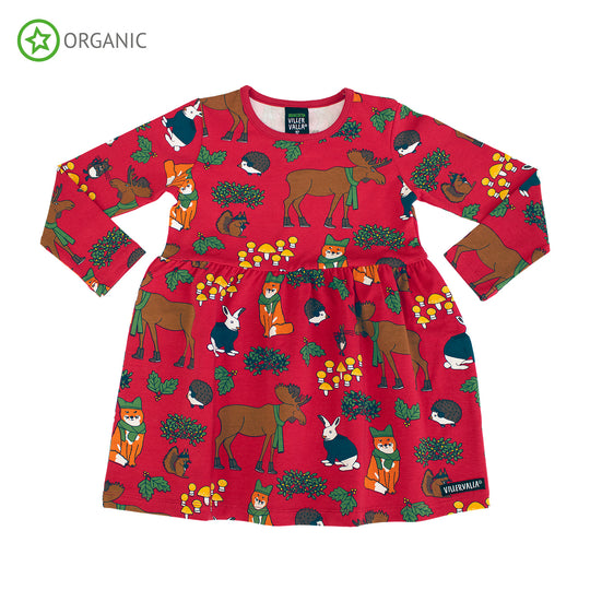 Villervalla Dress Long Sleeve With Gathering - Nordic Animals - Tango