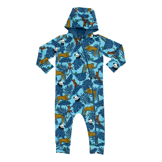 Villervalla Onesie With Hood Jungle Print - Dark Ocean