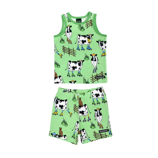 Villervalla Tank Top & Shorts Set Roller Cow Print - Soft Pea