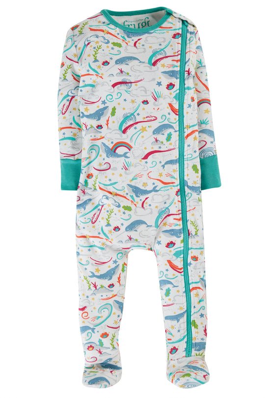 Frugi Zip Up Babygrow - Soft White Cosmic Wave