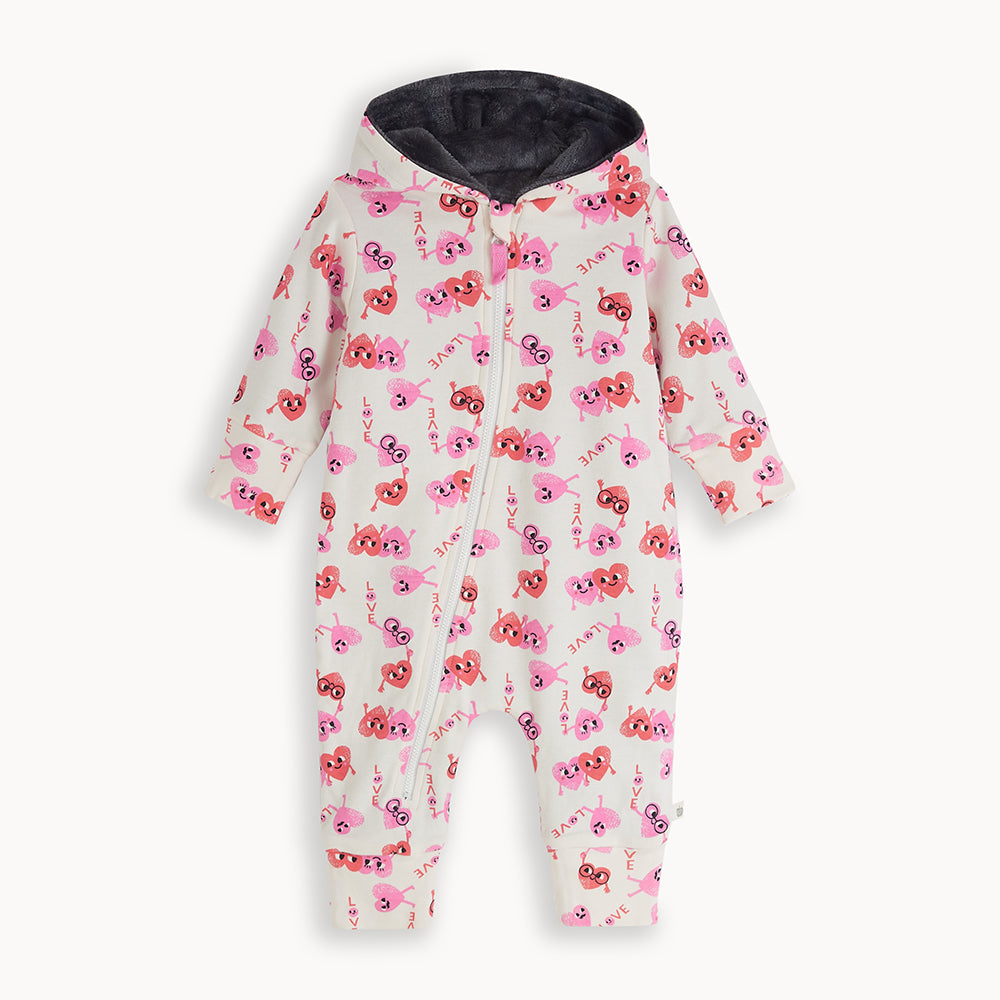 The Bonnie Mob Billy Hooded Onesie/Snowsuit Faux Fur Lining - Hearts