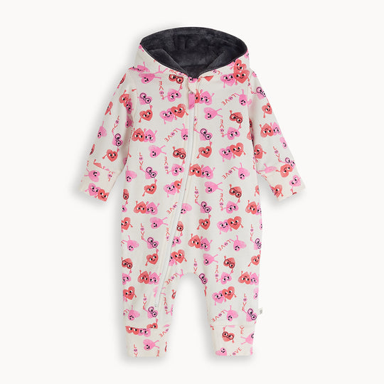The Bonnie Mob Billy Hooded Onesie / Snowsuit Lined With Faux Fur - Hearts