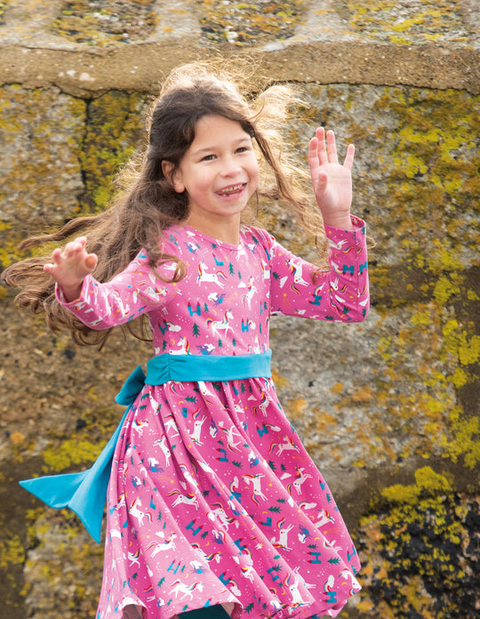 Frugi Party Skater Dress Long Sleeve - Unicorns