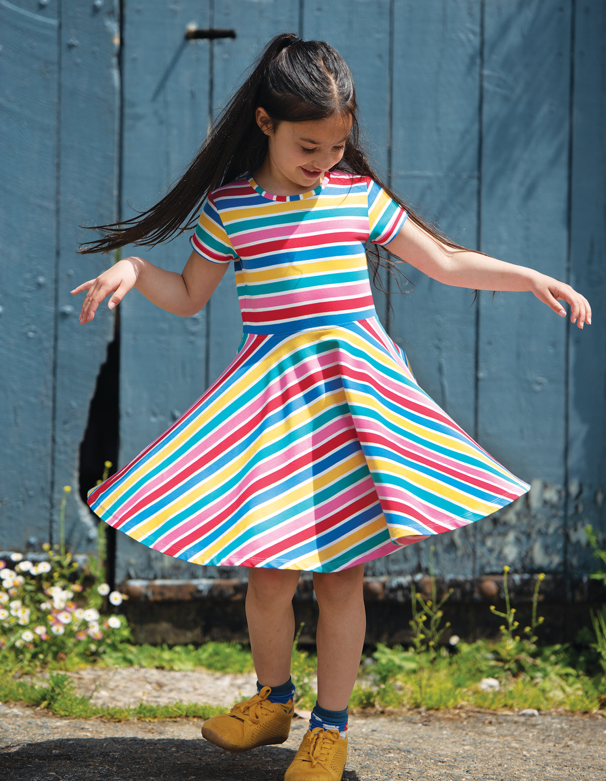 Frugi Spring Skater Dress Short Sleeve - Soft White Multi Stripe