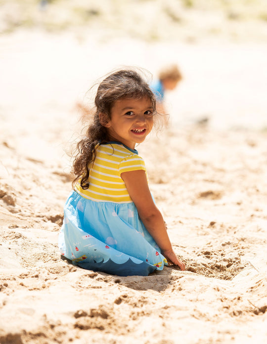 Frugi Demelza Dress Short Sleeve - Fresh Yellow Stripe/Bird