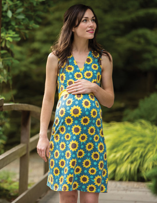 Frugi Adult Summer Tie Dress Sleeveless - Steely Blue Sunflowers