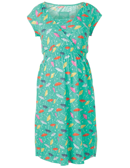 Frugi Adult Spring Smocked Dress Short Sleeve - Pacific Aqua Parasols
