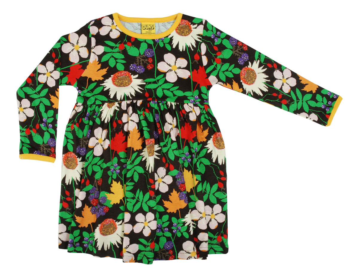DUNS Sweden Dress With Gathered Skirt Long Sleeve - Autumn Flowers Brown