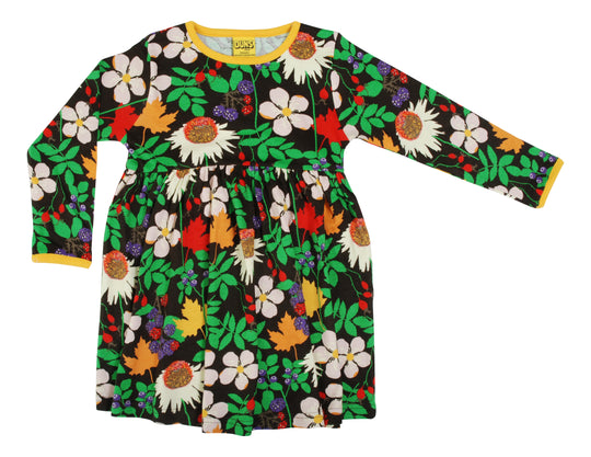 DUNS Sweden Long Sleeve Dress With Gather Skirt Autumn Flowers - Brown