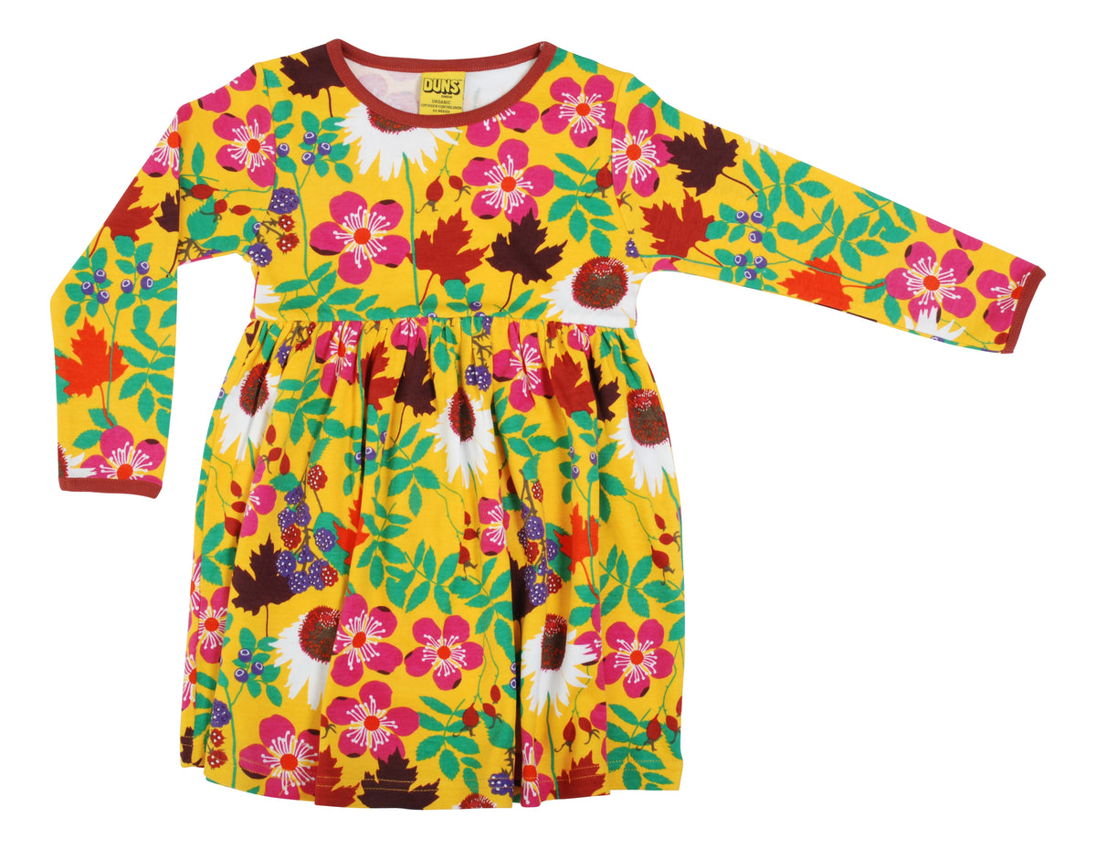 DUNS Sweden Autumn Flowers Yellow gathered dress in soft organic cotton at The Thrifty Stork.