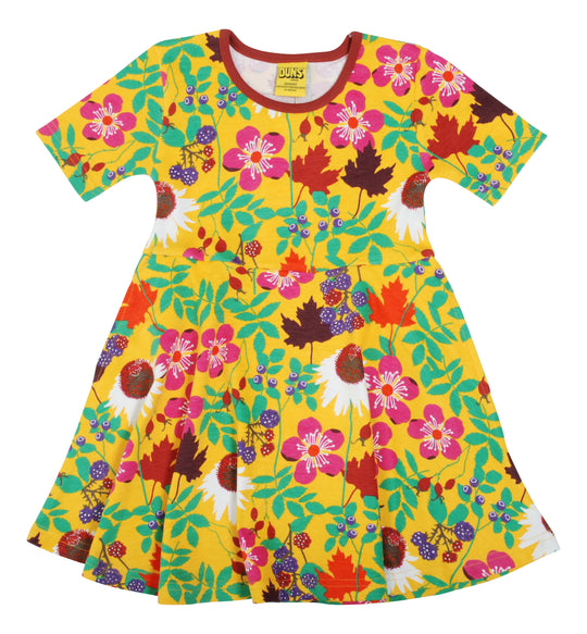 DUNS Sweden Short Sleeve Skater Dress Autumn Flowers - Yellow
