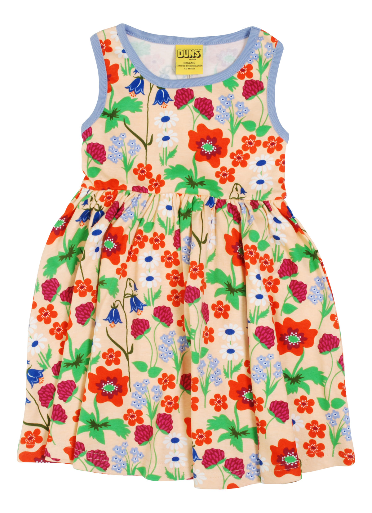 DUNS Sweden Dress With Gathered Skirt Sleeveless - Summer Flowers Bleached Apricot