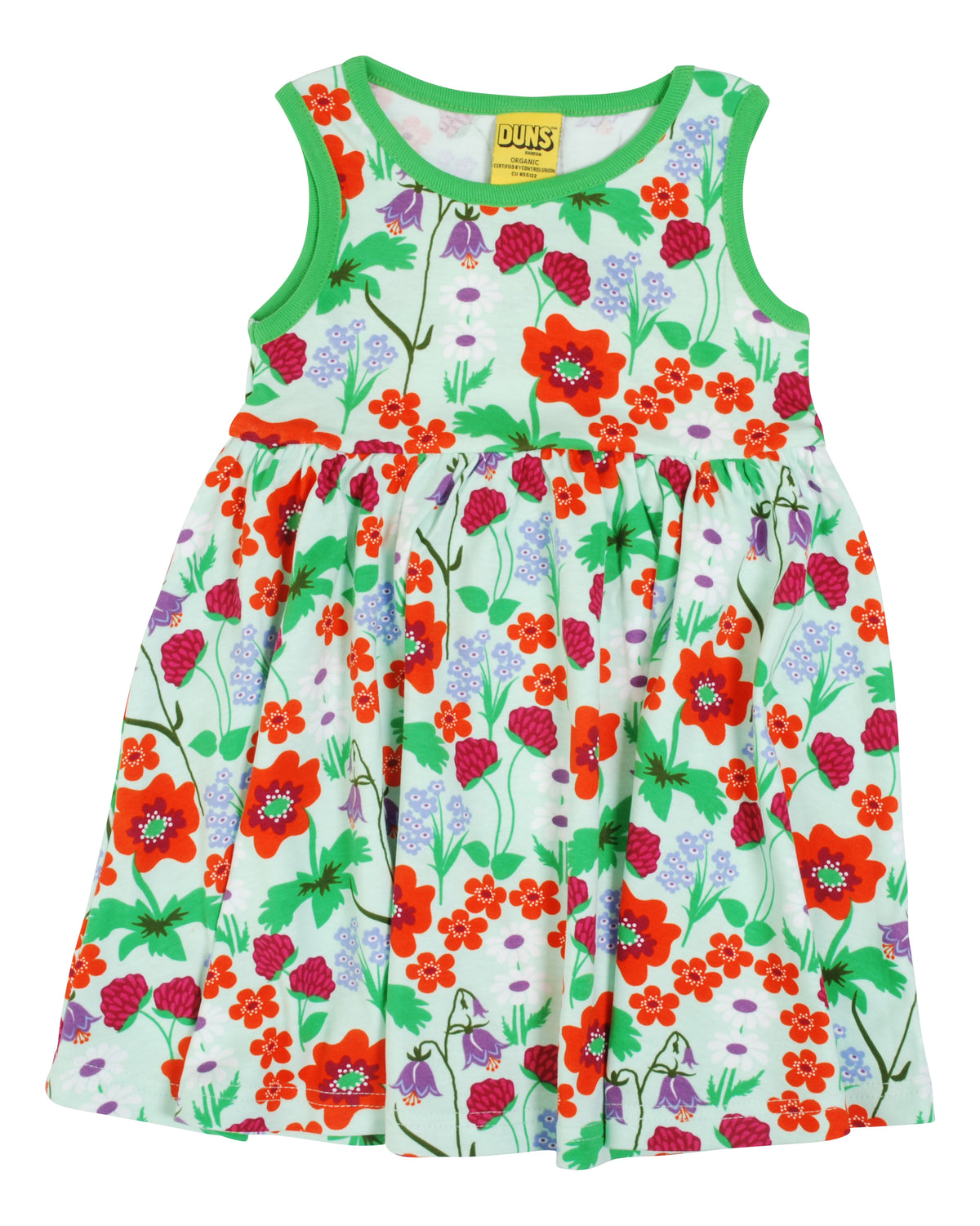 DUNS Sweden Dress With Gathered Skirt Sleeveless - Summer Flowers Bay Green