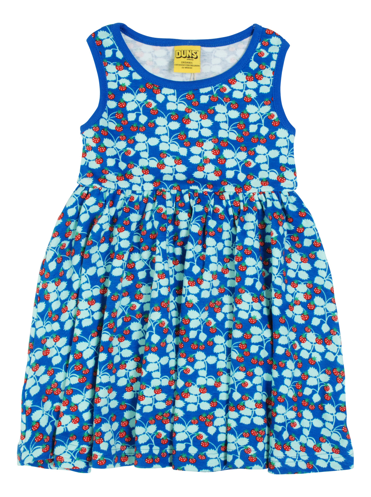 DUNS Sweden Wild Strawberries sleeveless dress in gentle organic cotton at The Thrifty Stork