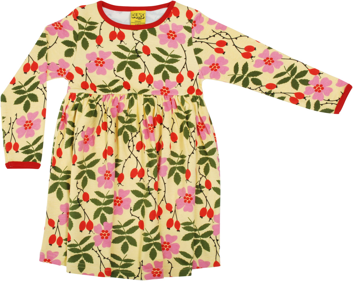 DUNS Sweden Rosehip Yellow dress in gentle organic cotton at The Thrifty Stork