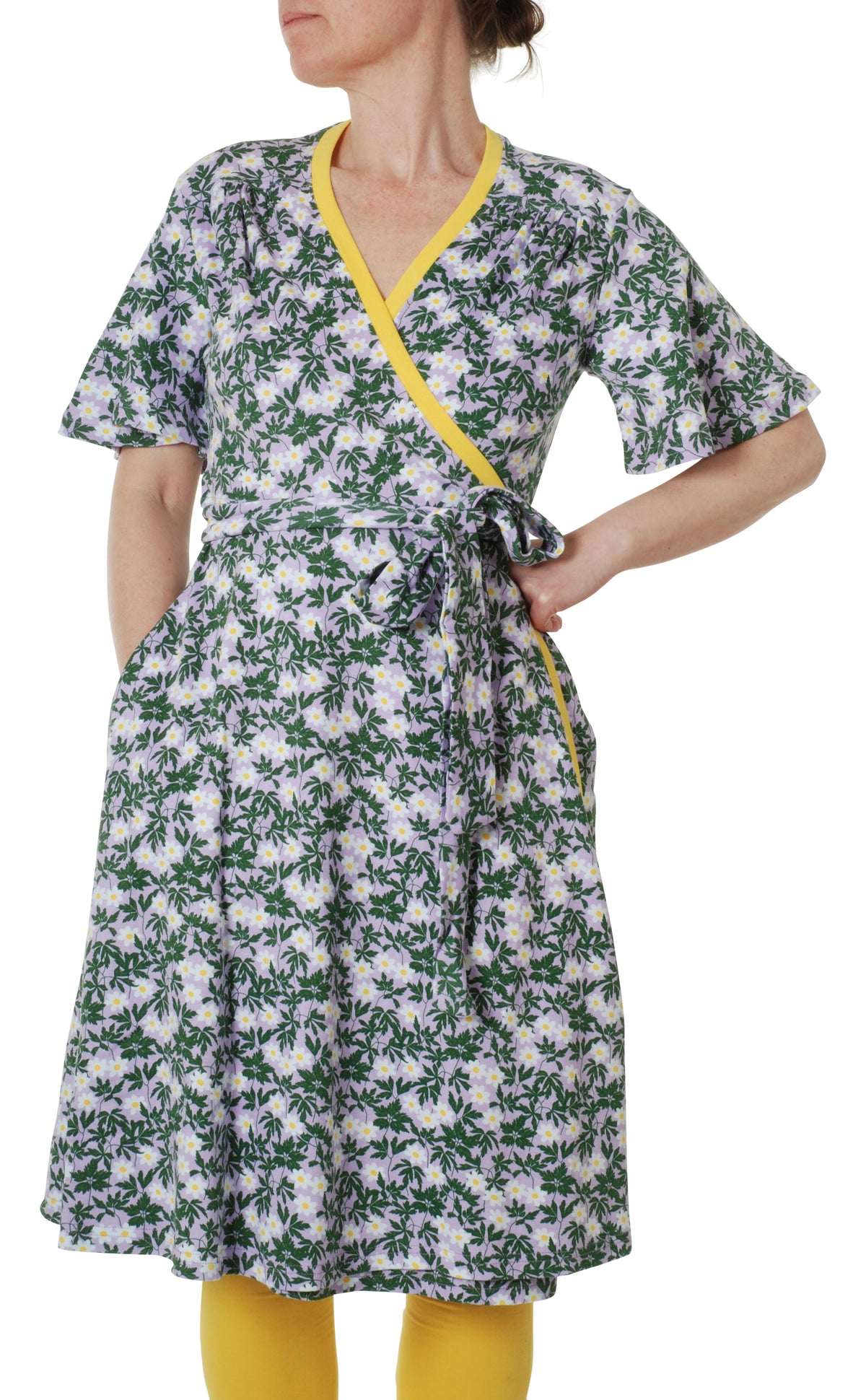 DUNS Sweden Adult Wrap Dress With Flutter Sleeve - Wood Anemone Viola