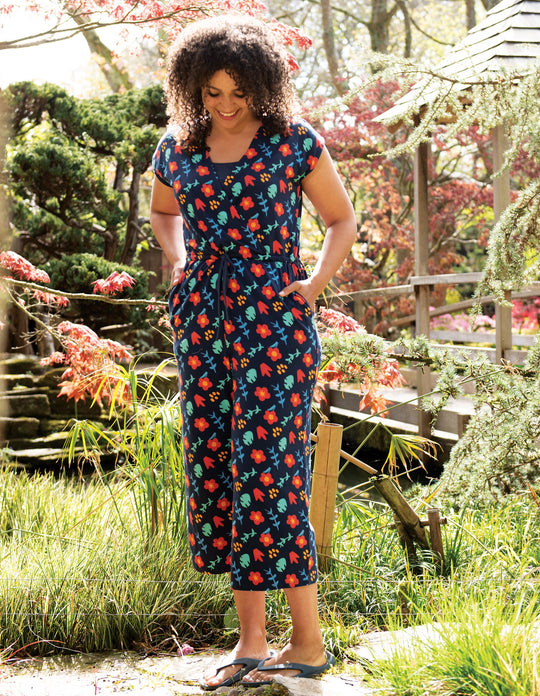 Frugi Adult Juniper Animal Jumpsuit Short Sleeve - Indigo Floral