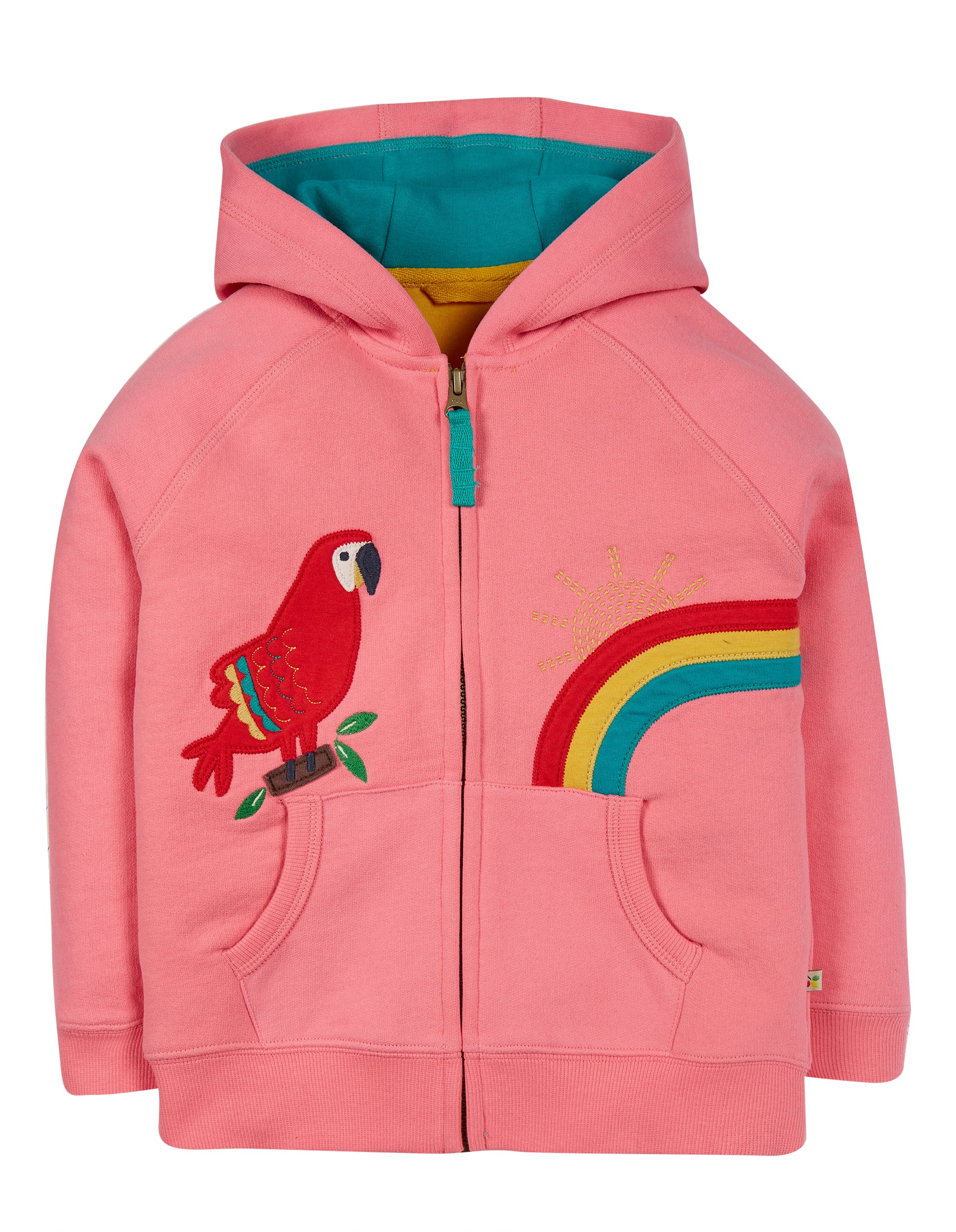 Frugi Dorothy Applique Hoody - Mid Pink/Parrot