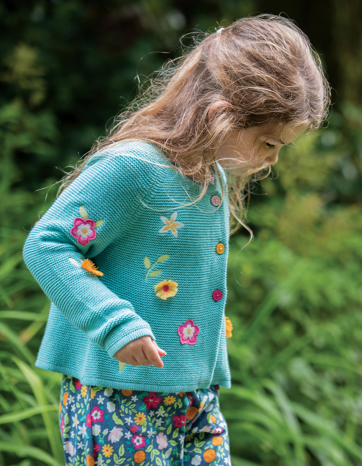 Frugi, Emilia Embroidered Cardigan, Aqua/Flower