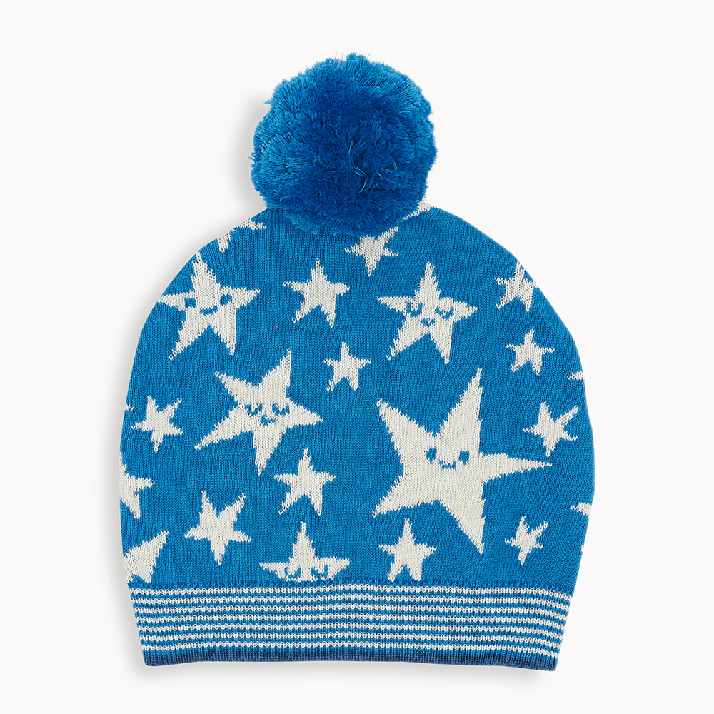 The Bonnie Mob Liz Star Knit Hat in blue organic cotton at The Thrifty Stork