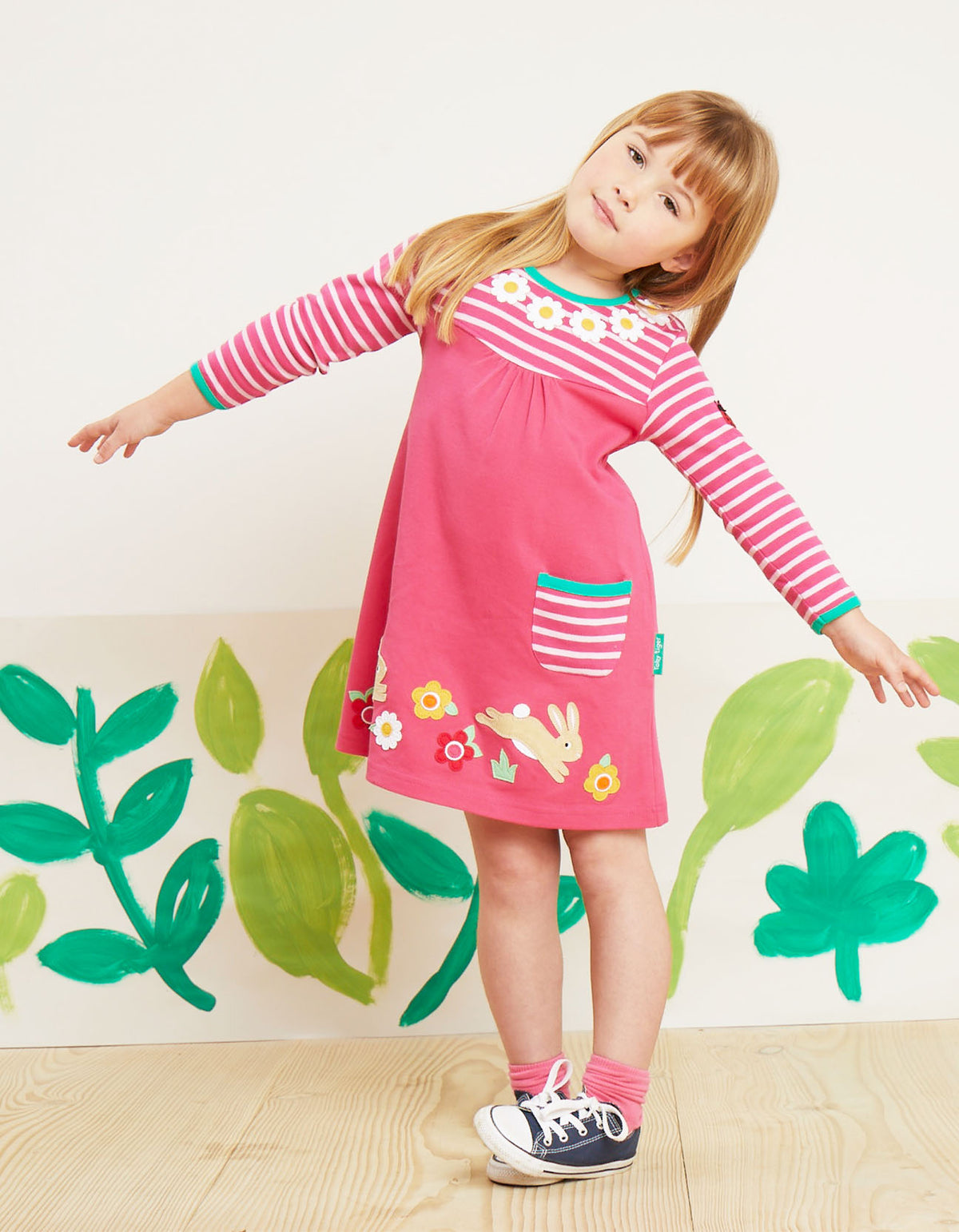 Toby Tiger Organic T-Shirt Dress Long Sleeve - Leaping Bunny Applique