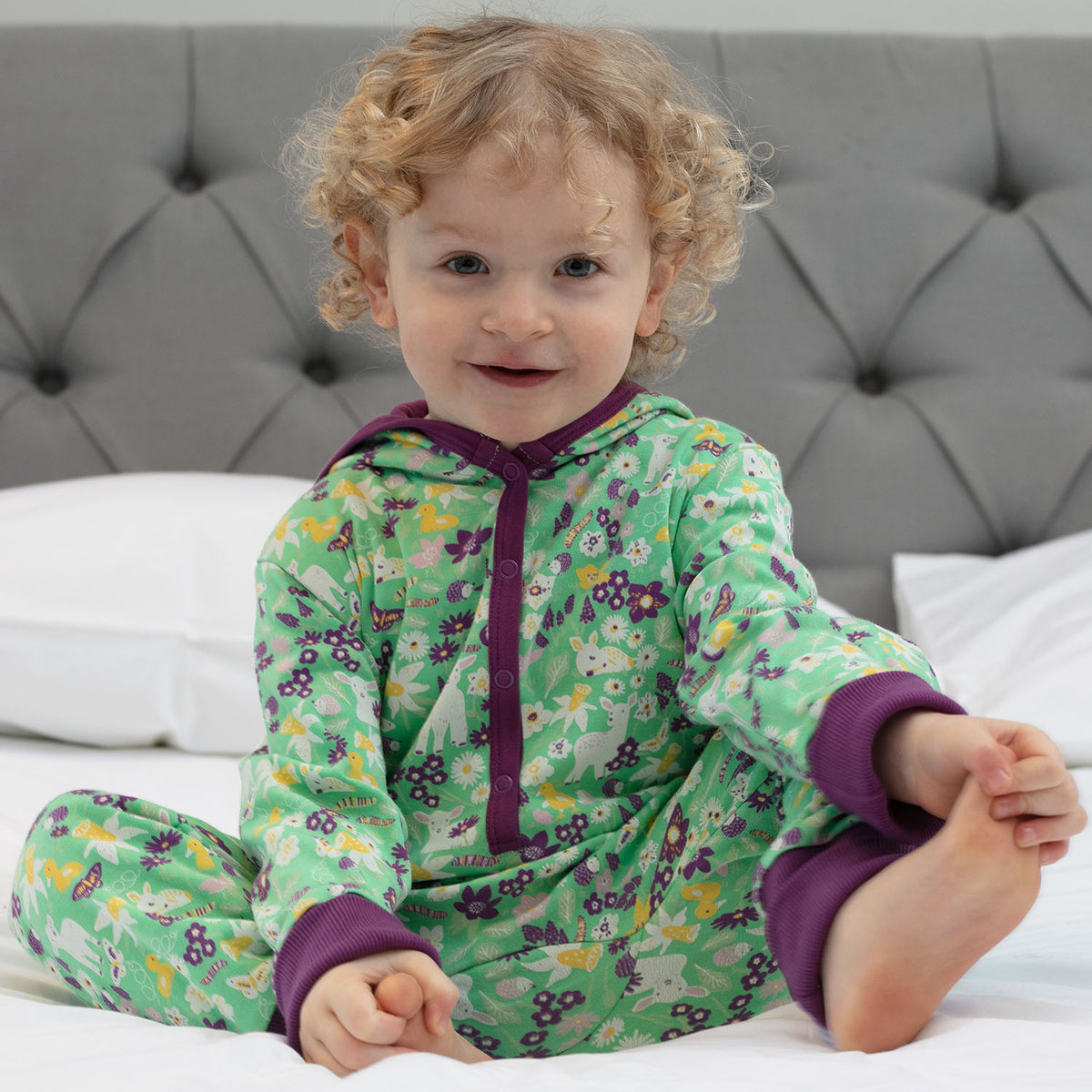 Piccalilly Hooded Playsuit Long Sleeve - Spring Meadow