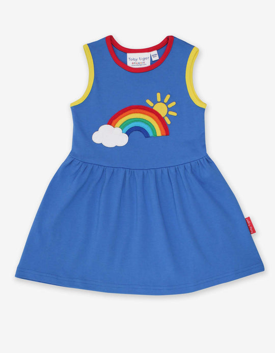 Toby Tiger Organic Sleeveless Summer Dress - Rainbow Sun Cloud Applique