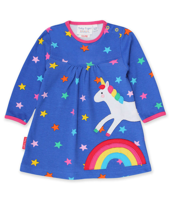 Toby Tiger Organic Long Sleeve T-Shirt Dress - Rainbow Unicorn Applique