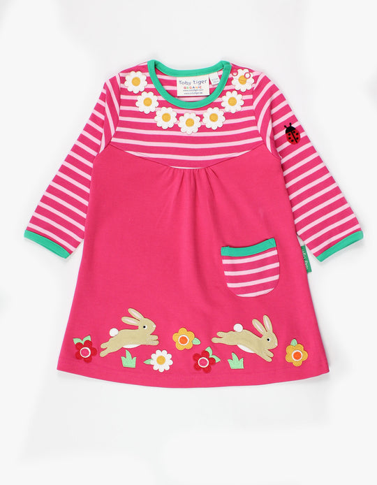 Toby Tiger Organic T-Shirt Dress Long Sleeve - Leaping Bunny Applique