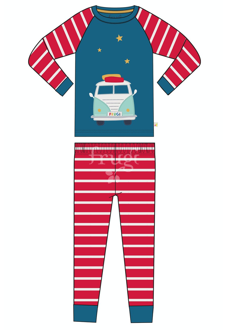 Frugi Navigator Long John PJs - True Red Stripe/Camper