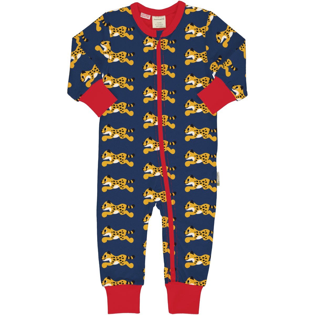 Maxomorra Cheetah long sleeve rompersuit in gentle organic cotton at The Thrifty Stork.