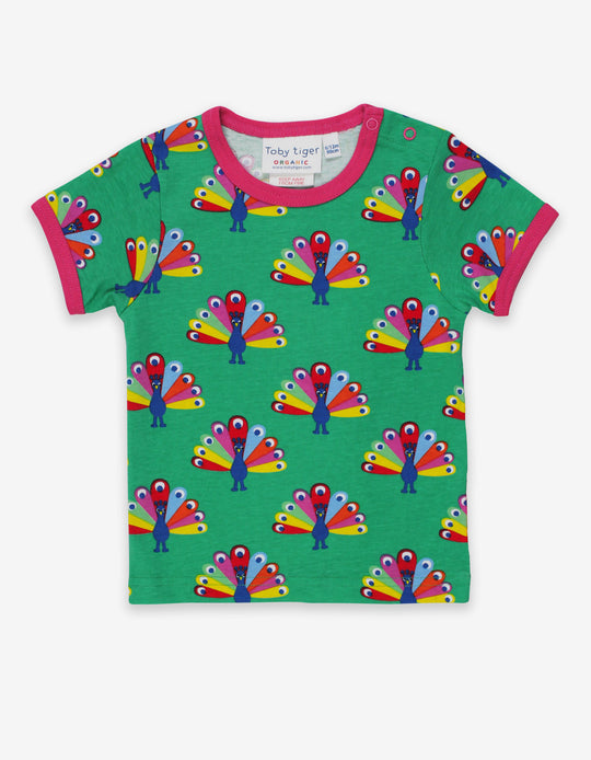 Toby Tiger Organic Short Sleeve T-Shirt - Peacock Print