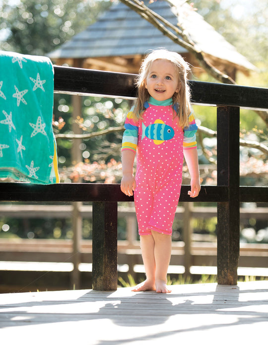 Frugi Little Sunsafe Applique Suit - Flamingo Spot/Fish