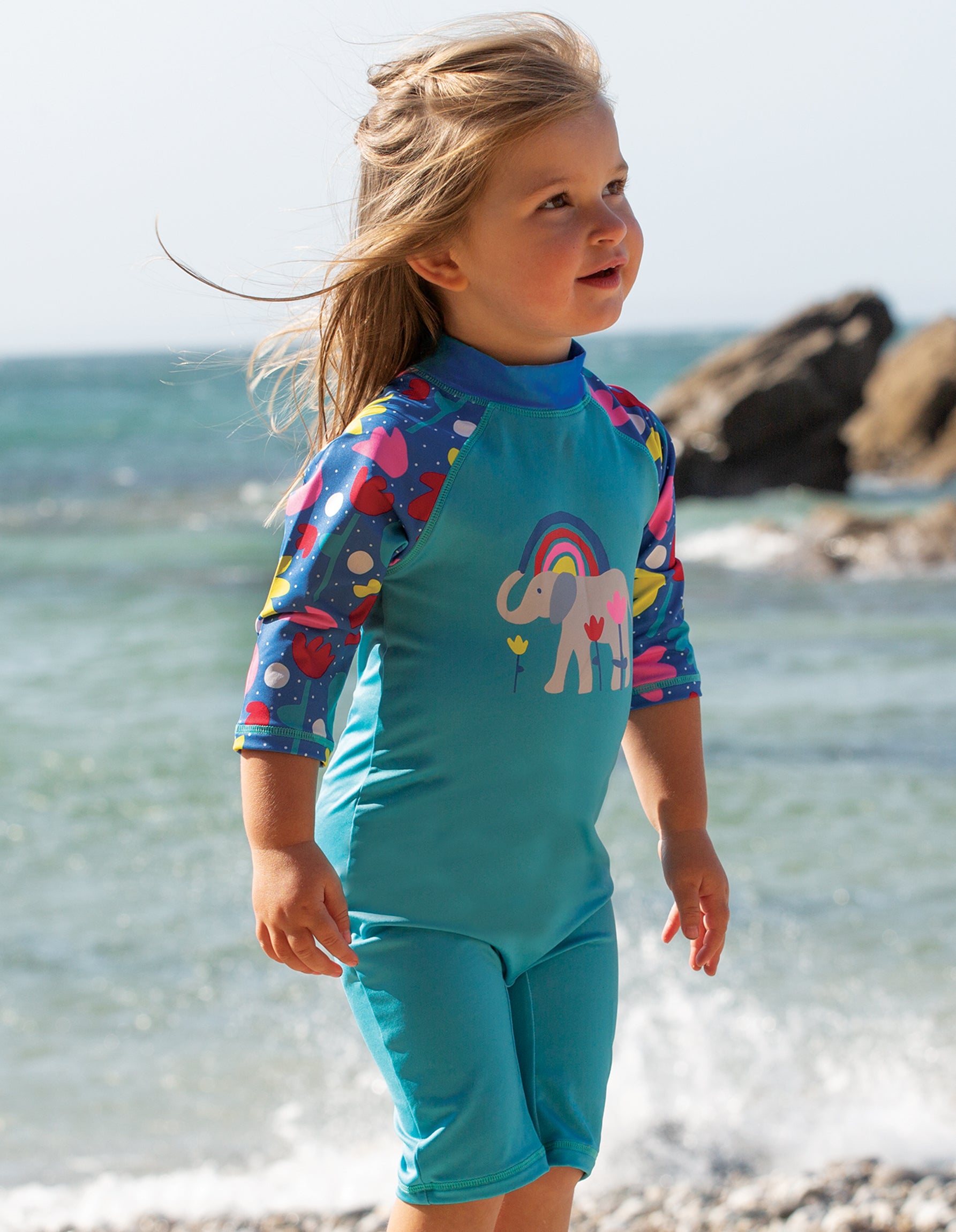 Frugi Little Sun Safe Suit - Pacific Aqua/ Elephant