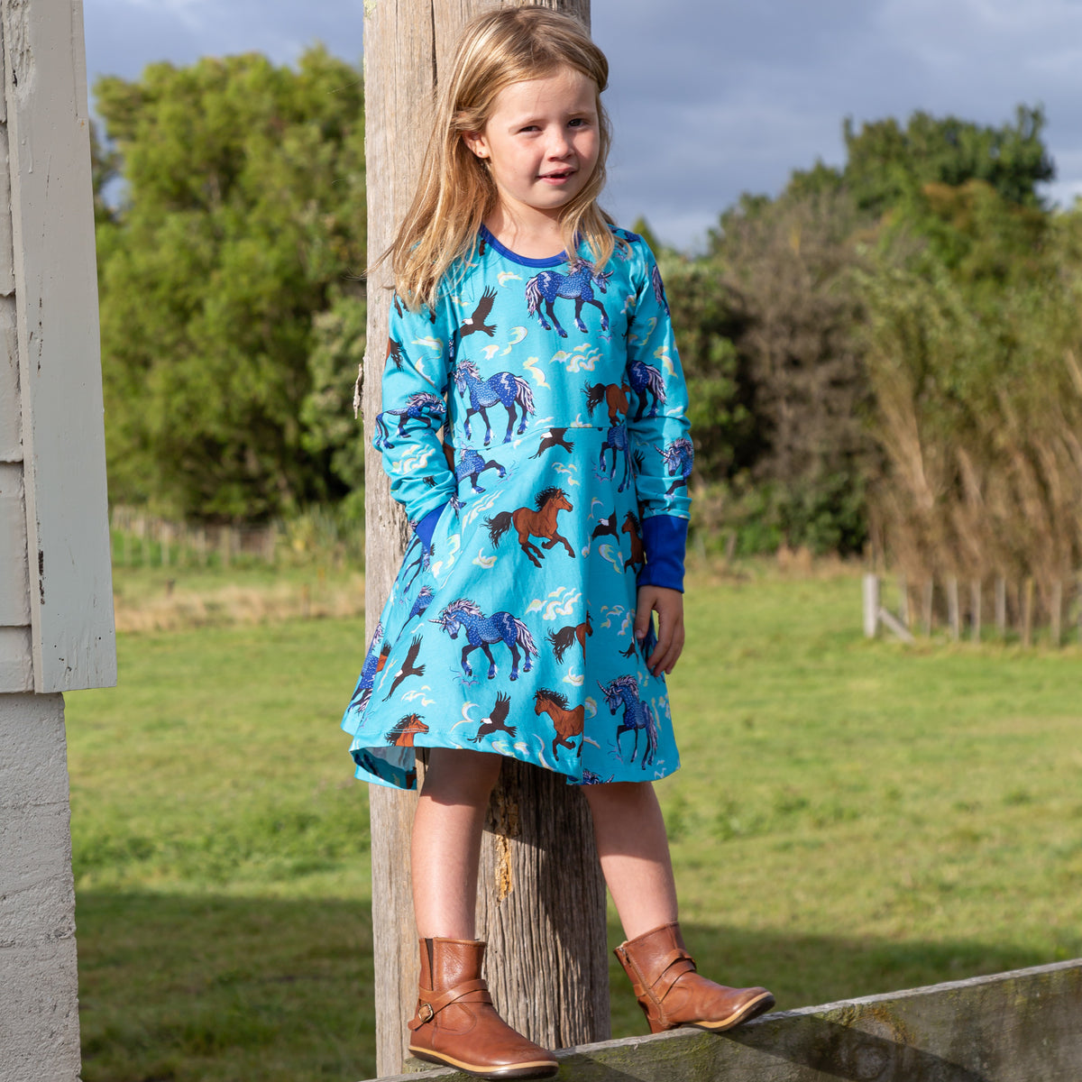 Coddi & Womple Kids Skater Dress Long Sleeve - Storm Horse Blue