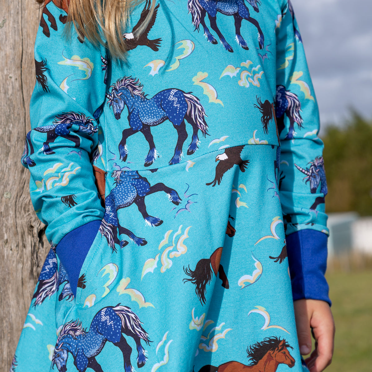 Coddi & Womple Kids Skater Dress Long Sleeve - Storm Horse Blue