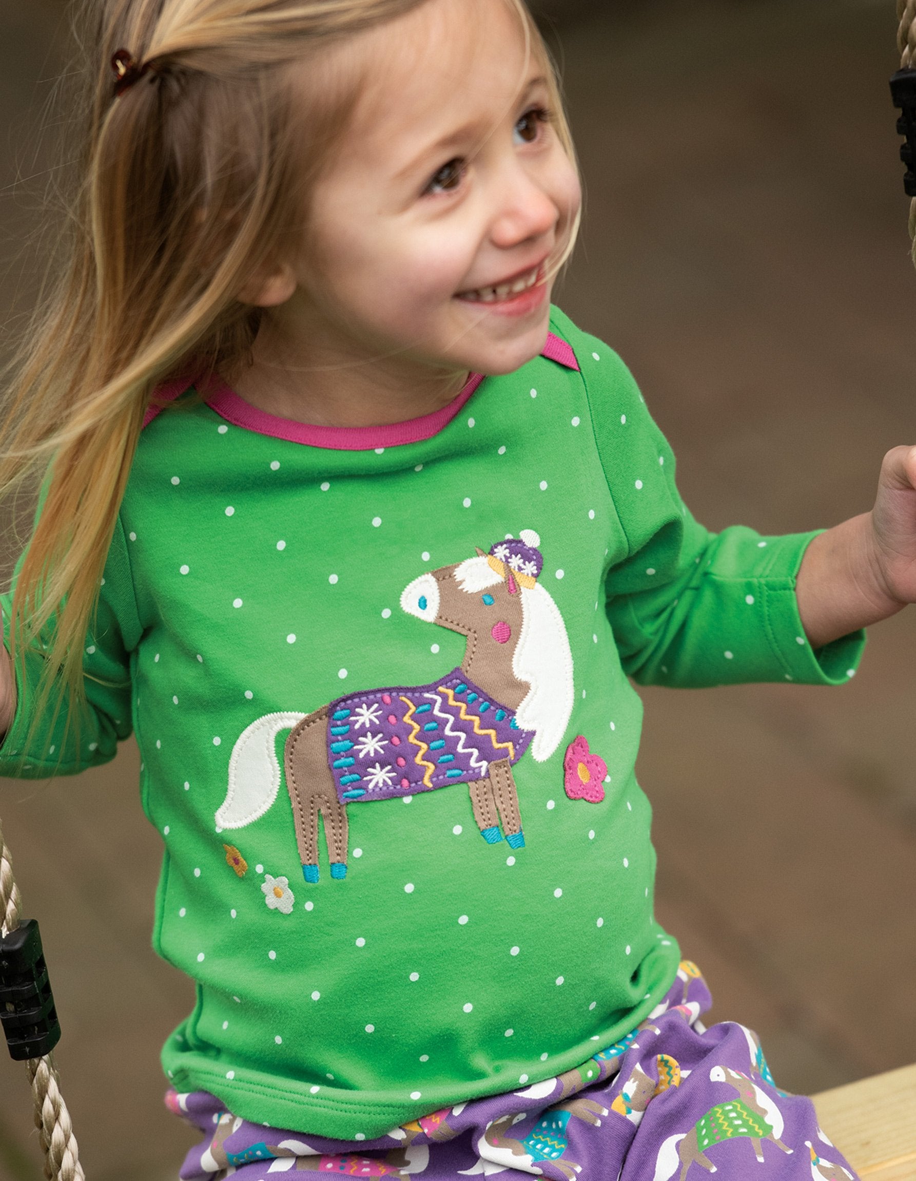 New Release Frugi Bobby Applique Top Ditsy Spot/Horse - The Thrifty Stork