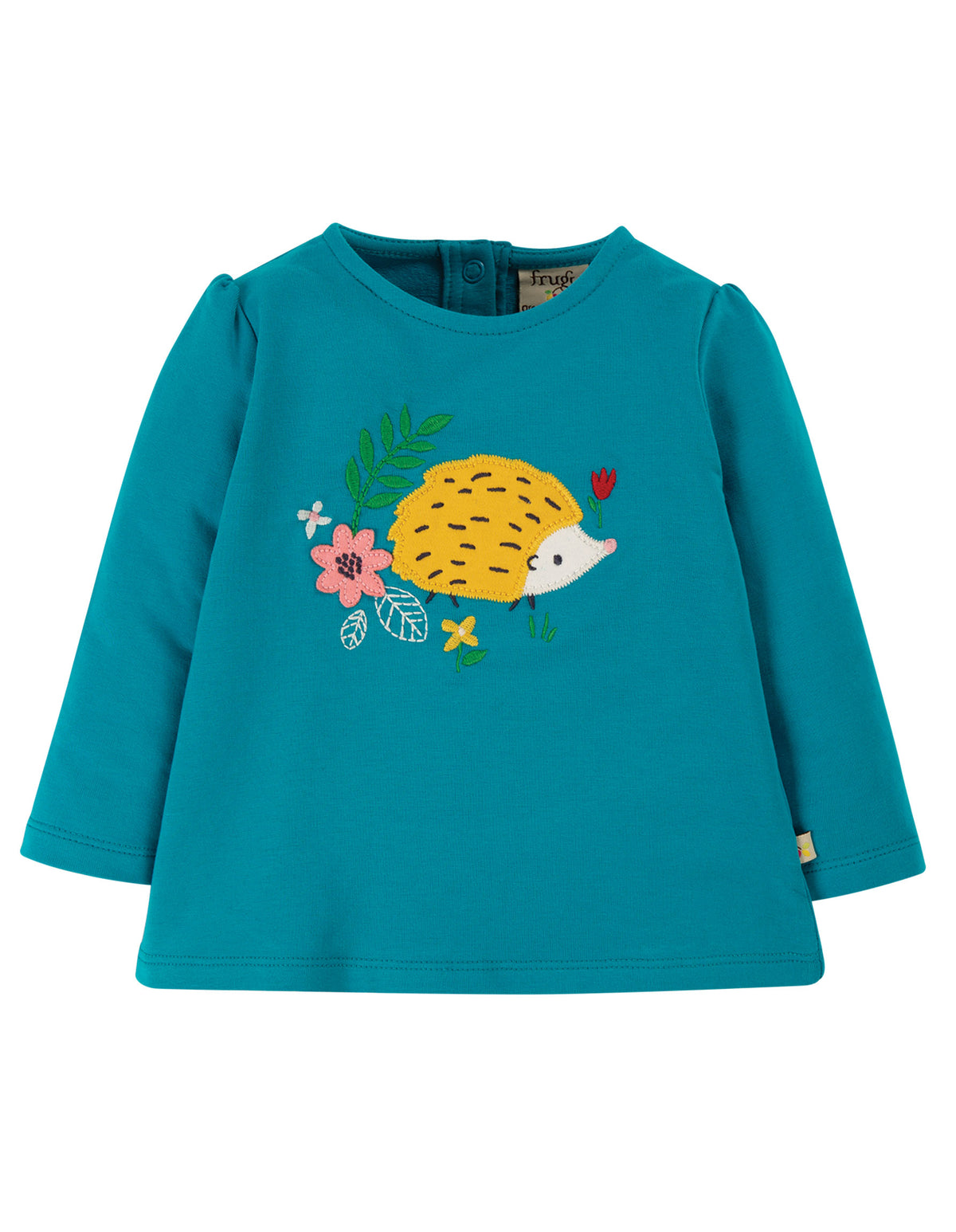 Frugi Little Alana Top Long Sleeve - Tobermory Teal/Hedgehog Applique