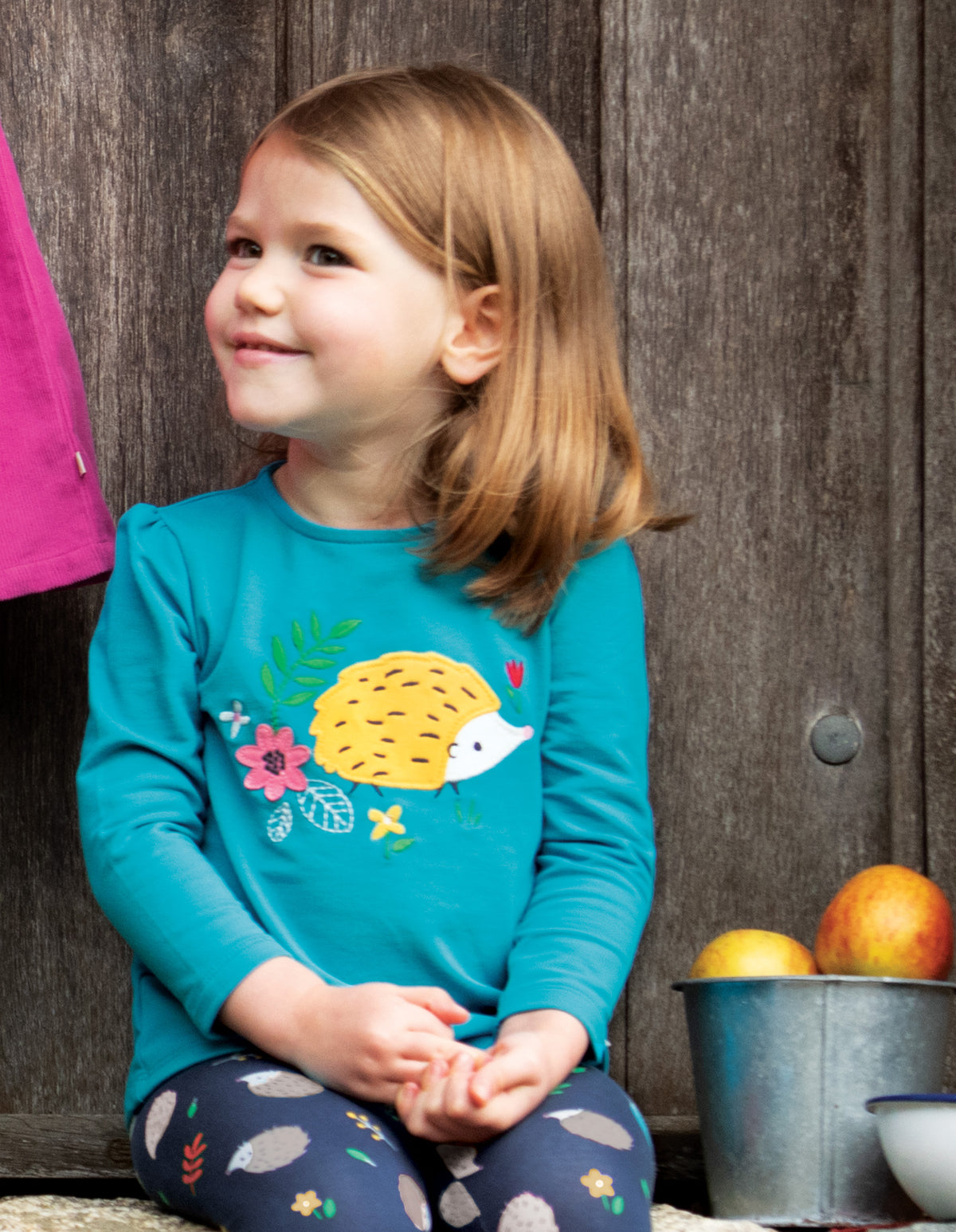 Frugi Little Alana Top Long Sleeve - Tobermory Teal/Hedgehog Applique