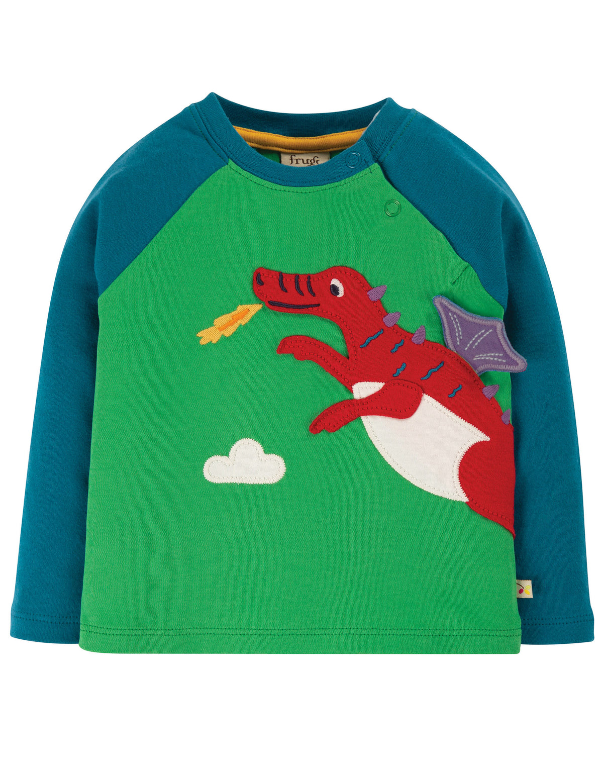 Frugi Little Albert Top Long Sleeve - Glen Green Dragon Applique