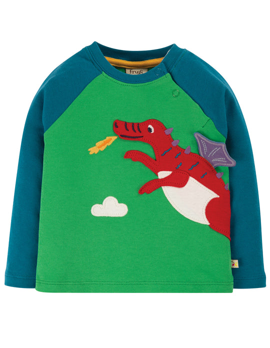 Frugi Little Albert Applique Top Long Sleeve - Glen Green Dragon