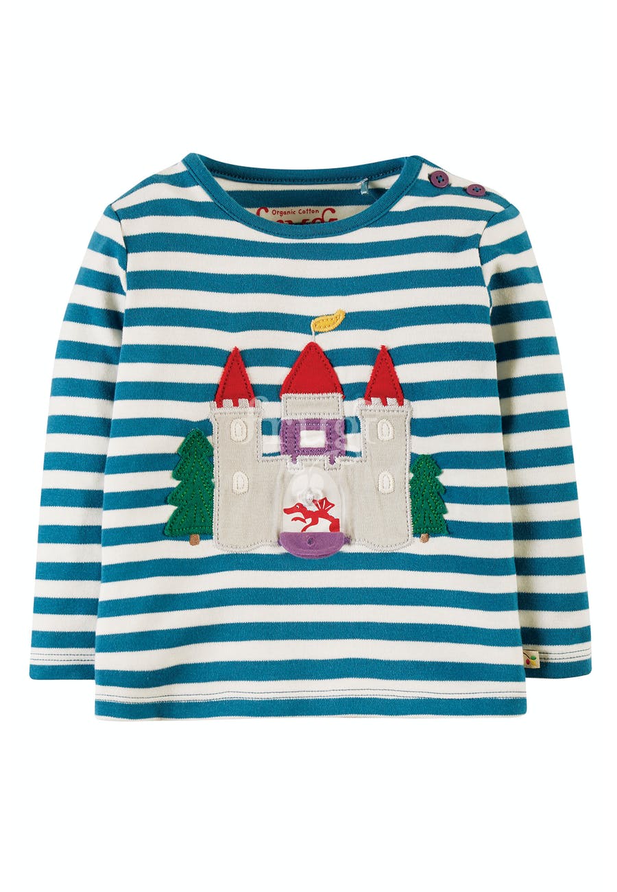 Frugi Ira Interactive Top Long Sleeve - Loch Blue Stripe Castle Applique
