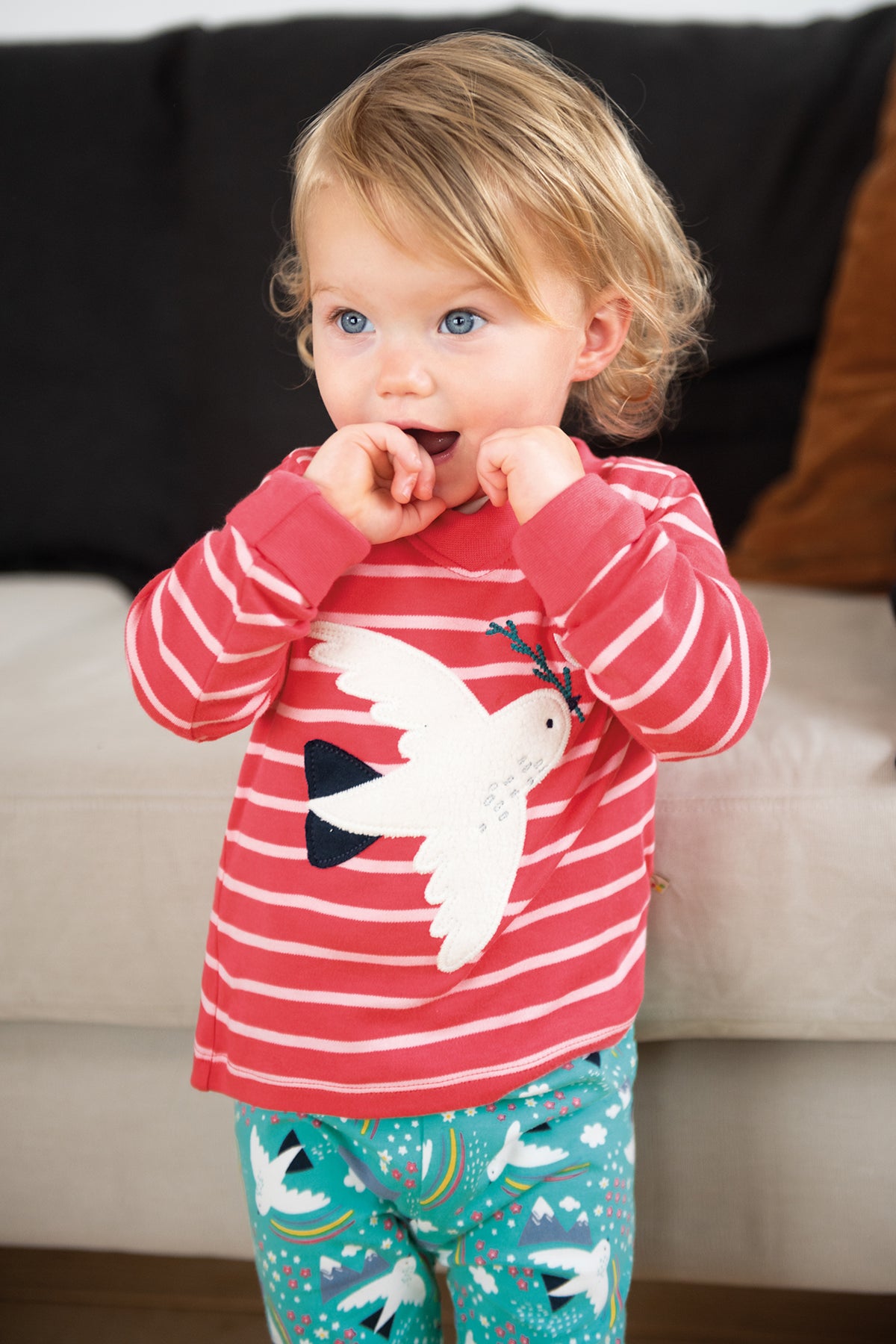 Frugi Easy On Top Long Sleeve - Watermelon Stripe/Ptarmigan