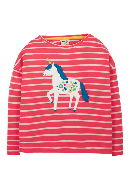 Frugi Tori Boxy Top Long Sleeve - Watermelon Stripe/Unicorn