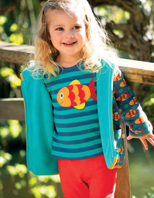 Frugi Bobby Applique Top Long Sleeve - Pacific Aqua Stripe/Fish