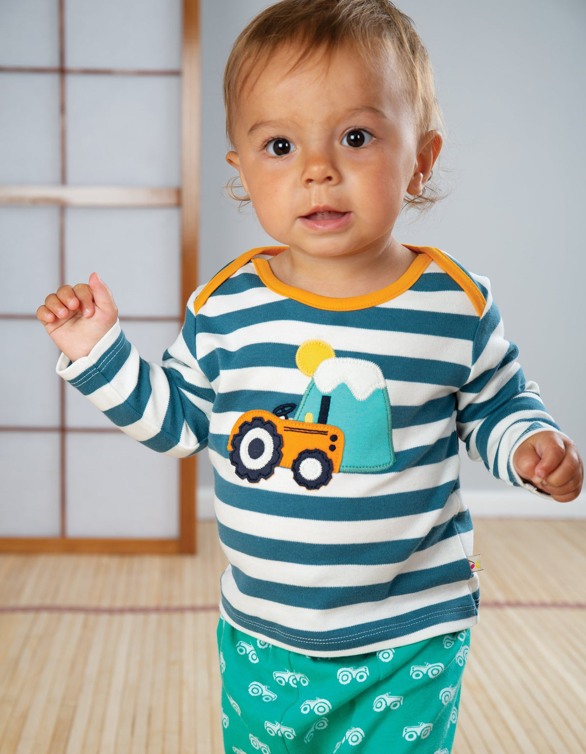 Frugi Bobby Applique Top Steely Blue Stripe/Tractor