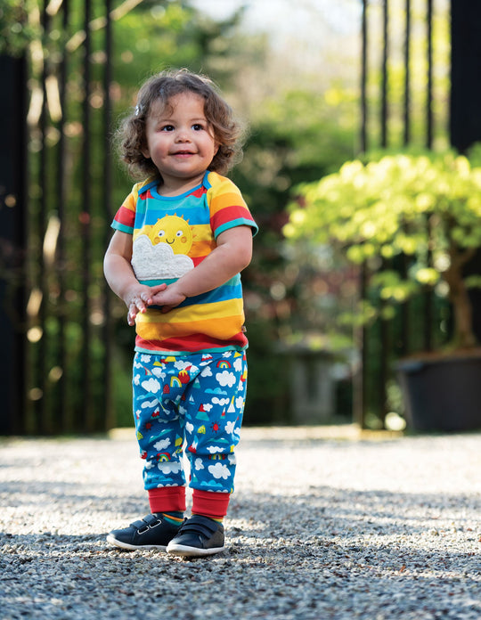 Frugi Bobster Applique Top Short Sleeve - Rainbow Multi Stripe/Sun