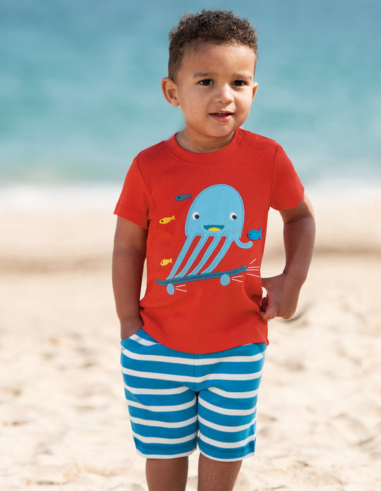 Frugi Little Creature Applique Top Short Sleeve - Koi Red/Jellyfish
