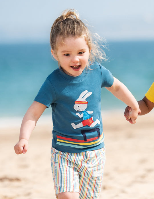 Frugi Little Creature Applique Top Short Sleeve - Steely Blue/Bunny