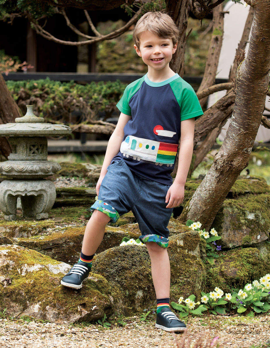 Frugi Rafe Raglan T-Shirt Short Sleeve - Indigo/Train Applique – The ...